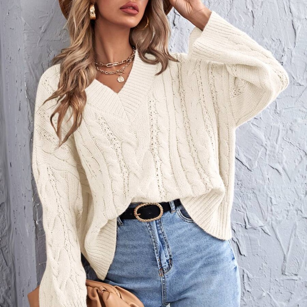 Cream v neck oversized chunky cable knit fall sweater